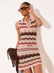 Lipsy Brown Pink Sleeveless Knitted Polo Zig Zag Detail Mini Dress - Image 4 of 5