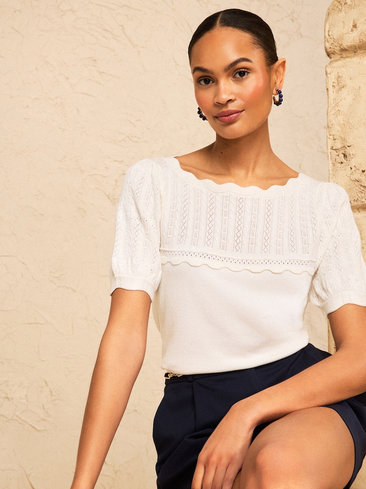Love & Roses Ivory Petite Scallop Neck Short Sleeve Knitted Top - Image 1 of 4