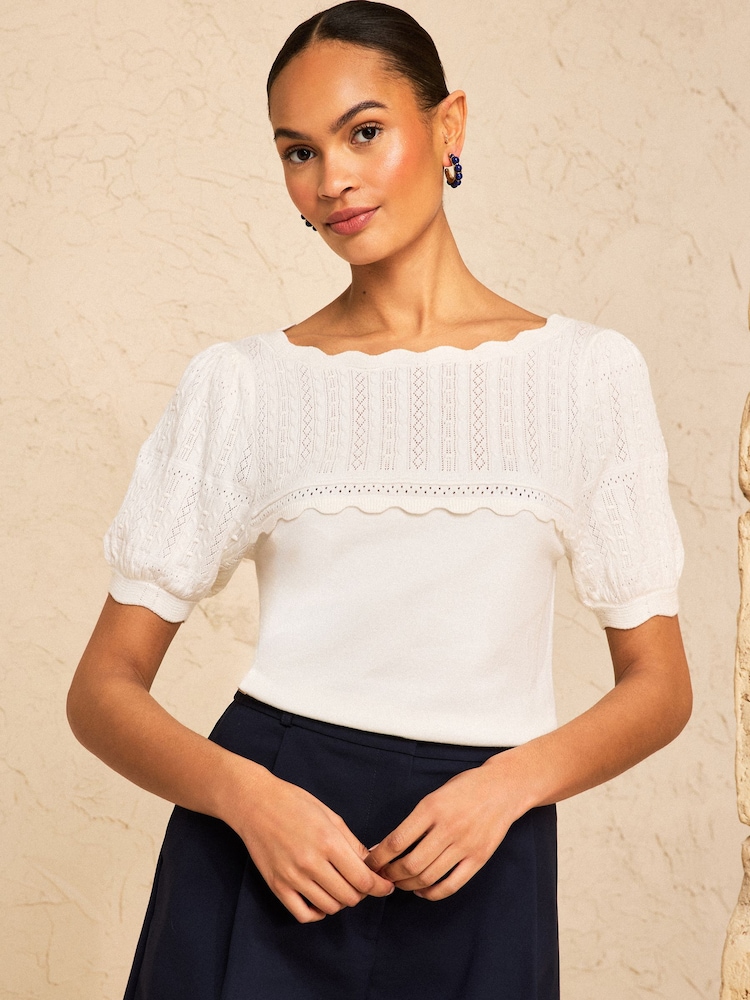 Love & Roses Ivory Petite Scallop Neck Short Sleeve Knitted Top - Image 4 of 4