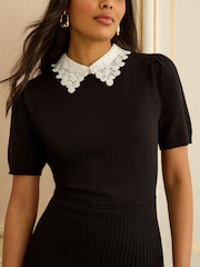 Love & Roses Lace Collar Black Knitted Mini Dress - Image 4 of 4