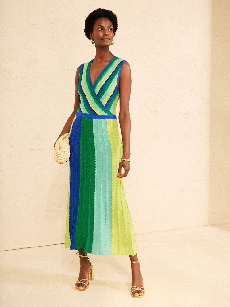 Love & Roses Green And Blue Striped Wrap Front Knitted Midi Dress - Image 2 of 4