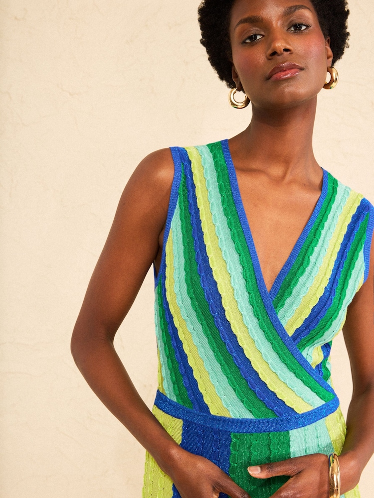 Love & Roses Green And Blue Striped Wrap Front Knitted Midi Dress - Image 4 of 4