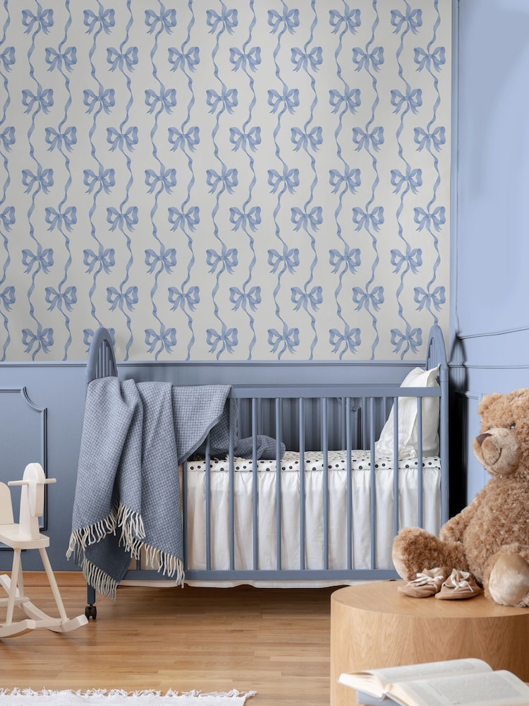 Cath Kidston Blue and White Ribbon Bow A4 Wallpaper Sample - Image 1 of 6 Cath Kidston Blue and White Ribbon Bow A4 Wallpaper Sample - Image 1 of 6