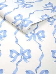 Cath Kidston Blue and White Ribbon Bow A4 Wallpaper Sample - Image 5 of 6
