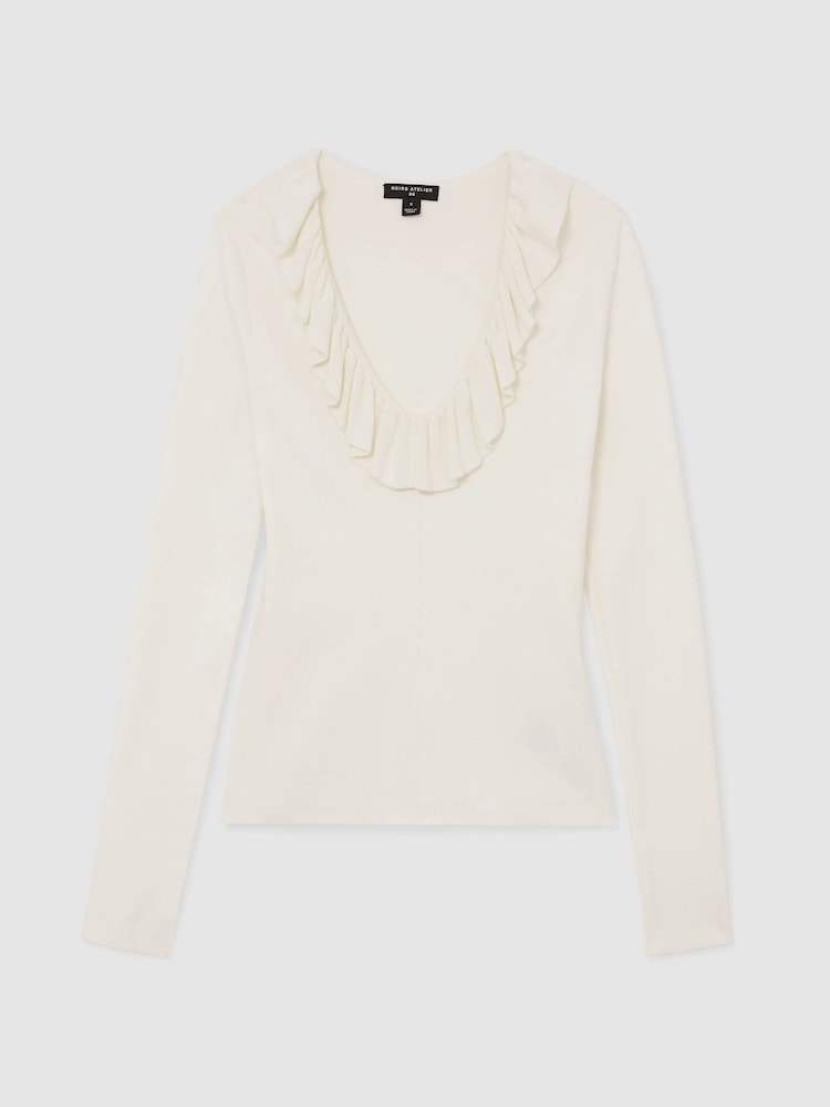 Atelier Silk Blend Ruffle Neck Knitted Off White Top - Image 2 of 6