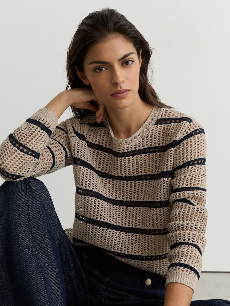Reiss Neutral/Navy Skylar Cotton-Blend Open-Knit Stripe Jumper - Image 1 of 6