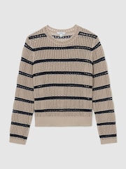 Reiss Neutral/Navy Skylar Cotton-Blend Open-Knit Stripe Jumper - Image 2 of 6