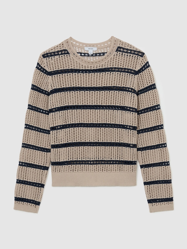 Reiss Neutral/Navy Skylar Cotton-Blend Open-Knit Stripe Jumper - Image 2 of 6