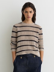 Reiss Neutral/Navy Skylar Cotton-Blend Open-Knit Stripe Jumper - Image 4 of 6