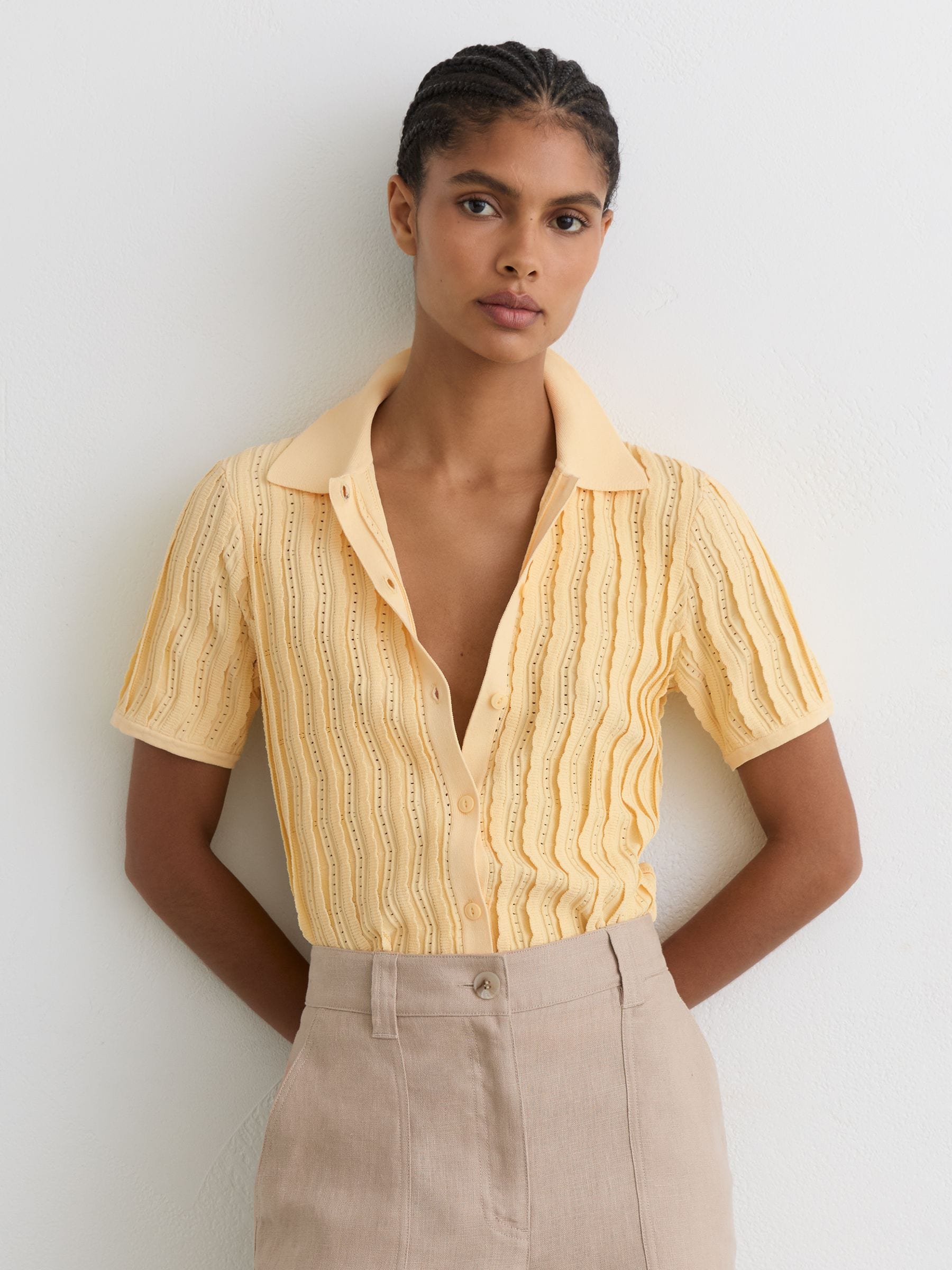 Buy Reiss Buttermilk Yellow Audrey Stitch-Detail Short-Sleeve
