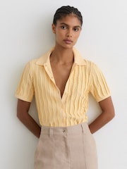 Buttermilk galben - Reiss Audrey Stitch-Detail Short-Sleeve Knitted Shirt - Imaginea 1 din 6