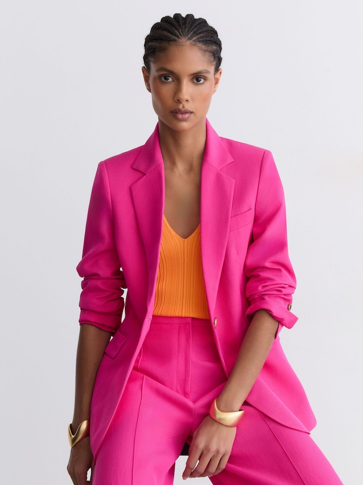 Reiss Pink Charli Single-Breasted Suit Blazer with Linen - Image 1 of 9
