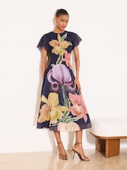 Lipsy Navy Petite X Mandy Sade Floral Print Fit And Flare Midi Dress - Image 3 of 5