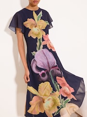 Lipsy Navy Petite X Mandy Sade Floral Print Fit And Flare Midi Dress - Image 4 of 5