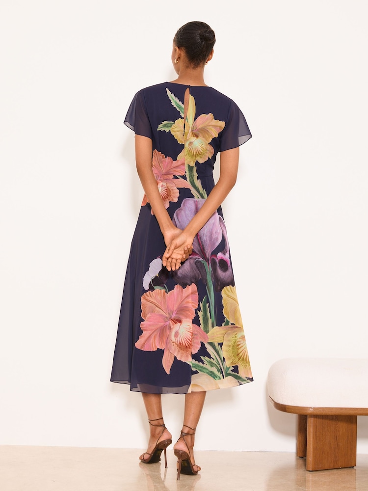 Lipsy Navy Petite X Mandy Sade Floral Print Fit And Flare Midi Dress - Image 5 of 5