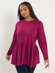 Yours Curve Pink Long Sleeve Peplum Cotton Top - Image 1 of 5