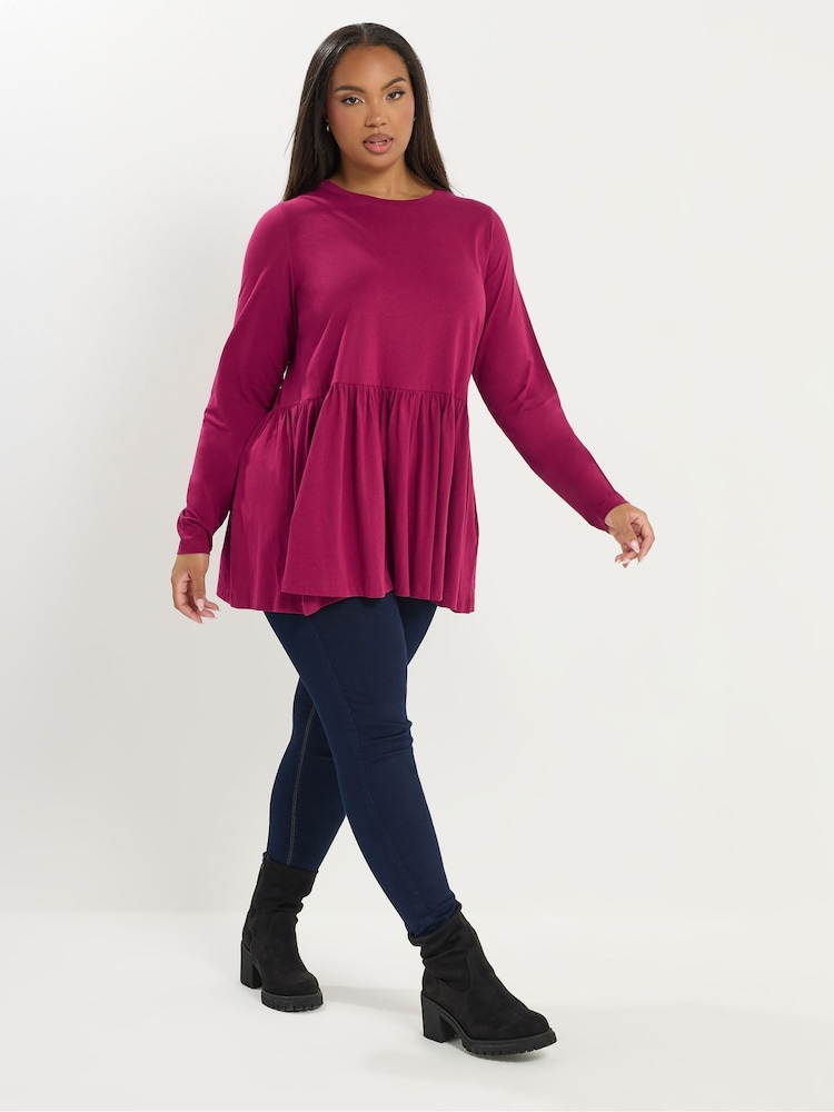 Yours Curve Pink Long Sleeve Peplum Cotton Top - Image 2 of 5