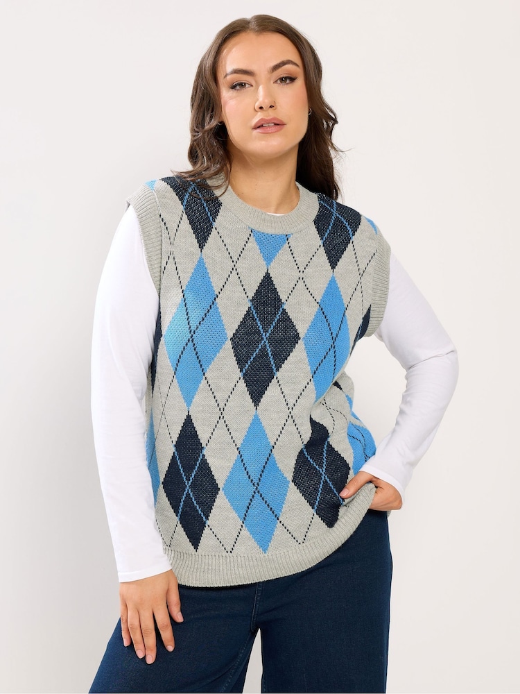 Yours Curve Blue Argyle Jumper Vest - Image 1 of 6 Yours Curve Blue Argyle Jumper Vest - Image 1 of 6