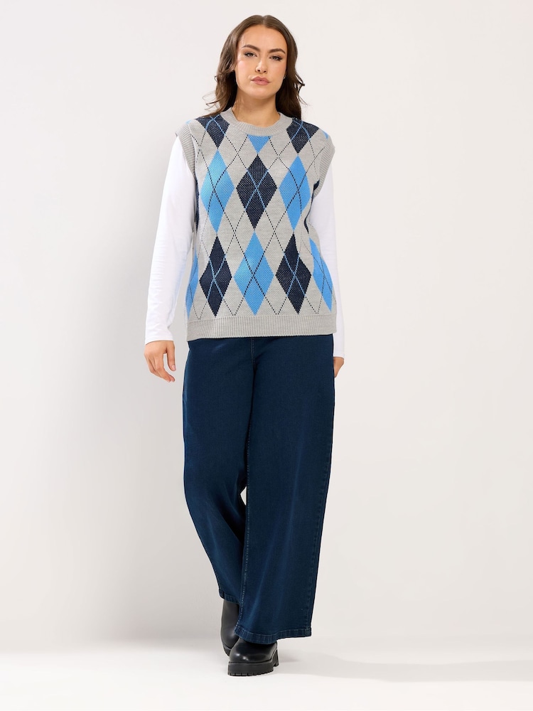 Yours Curve Blue Argyle Jumper Vest - Image 2 of 6 Yours Curve Blue Argyle Jumper Vest - Image 2 of 6
