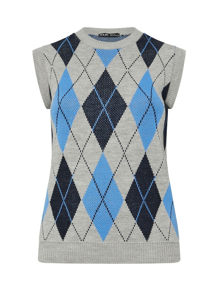 Yours Curve Blue Argyle Jumper Vest - Image 6 of 6 Yours Curve Blue Argyle Jumper Vest - Image 6 of 6