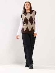 Yours Curve Brown Argyle Jumper Vest - Image 1 of 6