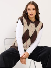 Yours Curve Brown Argyle Jumper Vest - Image 2 of 6