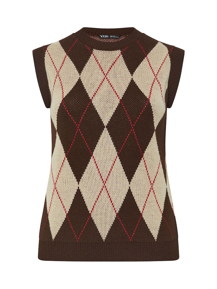 Yours Curve Brown Argyle Jumper Vest - Image 6 of 6 Yours Curve Brown Argyle Jumper Vest - Image 6 of 6