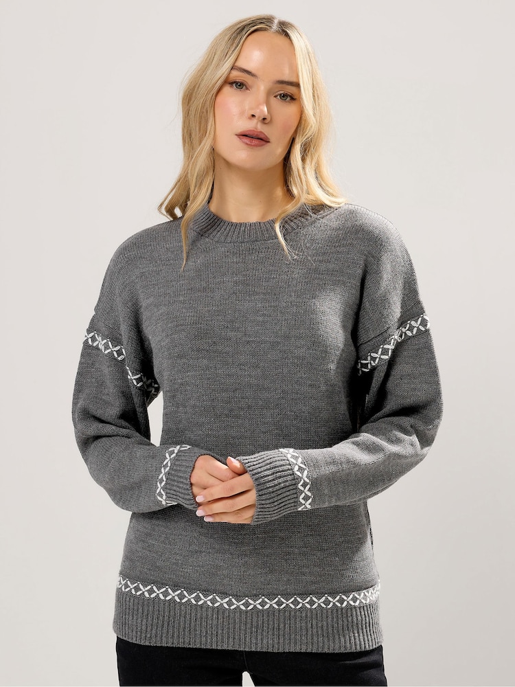 Long Tall Sally Grey Cross Stitch Detail Jumper - Image 1 of 5 Long Tall Sally Grey Cross Stitch Detail Jumper - Image 1 of 5