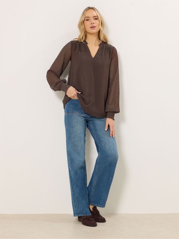 Long Tall Sally Brown Dobby Spot Shirred Cuff Top - Image 2 of 5 Long Tall Sally Brown Dobby Spot Shirred Cuff Top - Image 2 of 5