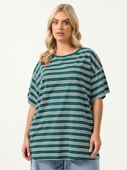 Yours Curve Green Rugby Collar Long Sleeve Stripe Top - Image 1 of 5