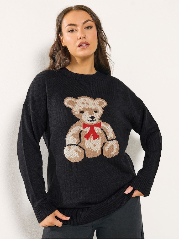 Yours Curve Black Conversational Teddy Jumper - Image 1 of 5 Yours Curve Black Conversational Teddy Jumper - Image 1 of 5