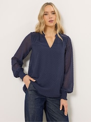 Long Tall Sally Blue Dobby Spot Shirred Cuff Top - Image 1 of 5