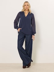 Long Tall Sally Blue Dobby Spot Shirred Cuff Top - Image 2 of 5