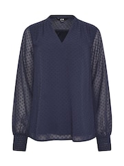 Long Tall Sally Blue Dobby Spot Shirred Cuff Top - Image 5 of 5