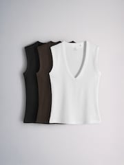 The Set 3 Pack Deep V-Neck Ribbed Vests Black/Brown/White - Image 1 of 6