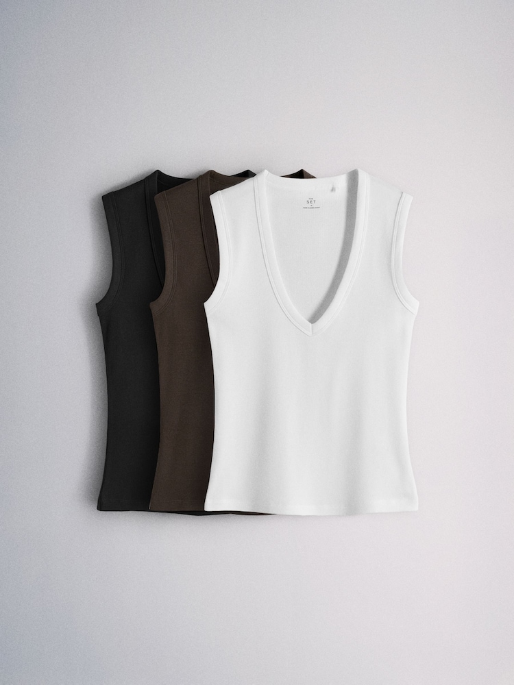 The Set 3 Pack Deep V-Neck Ribbed Vests Black/Brown/White - Image 1 of 6