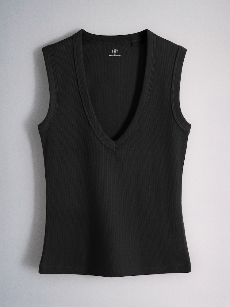 The Set 3 Pack Deep V-Neck Ribbed Vests Black/Brown/White - Image 2 of 6