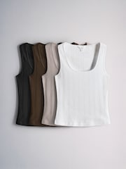 The Set 4 Pack Neutrals Pointelle Square Neck Vests Black/Chocolate Brown/ Taupe Brown/White - Image 2 of 6