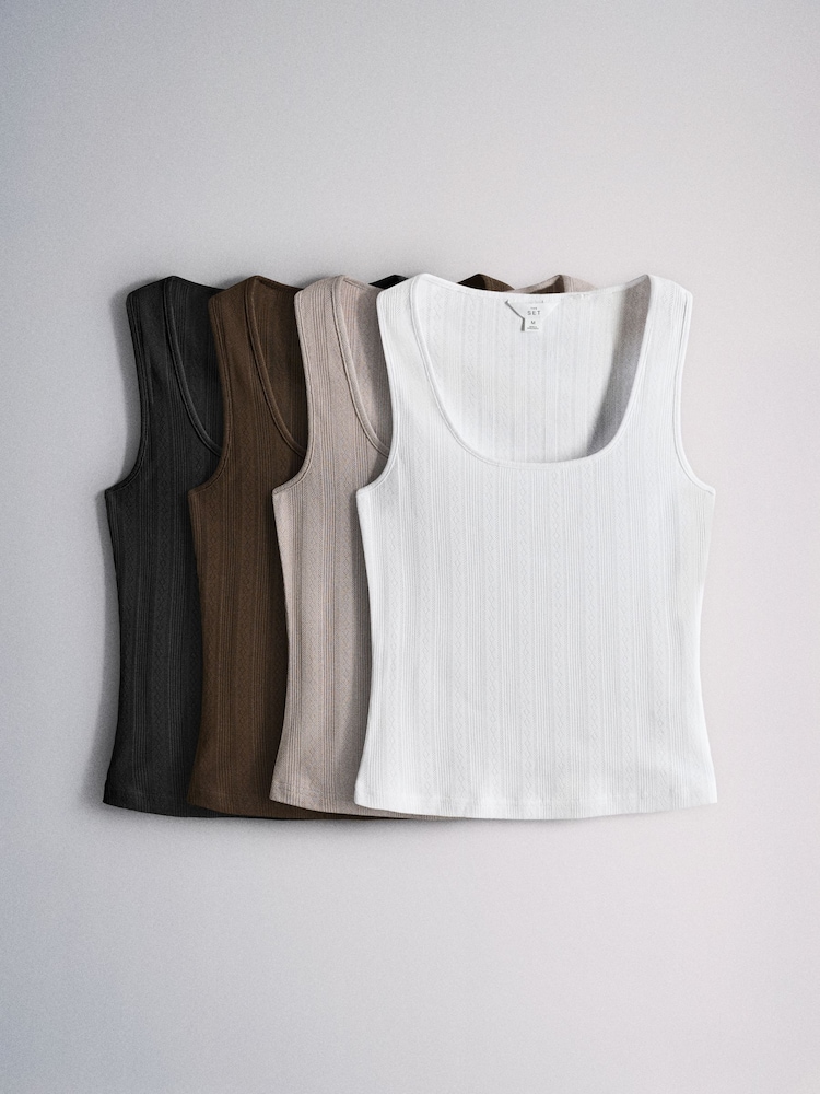 The Set 4 Pack Neutrals Pointelle Square Neck Vests Black/Chocolate Brown/ Taupe Brown/White - Image 2 of 6