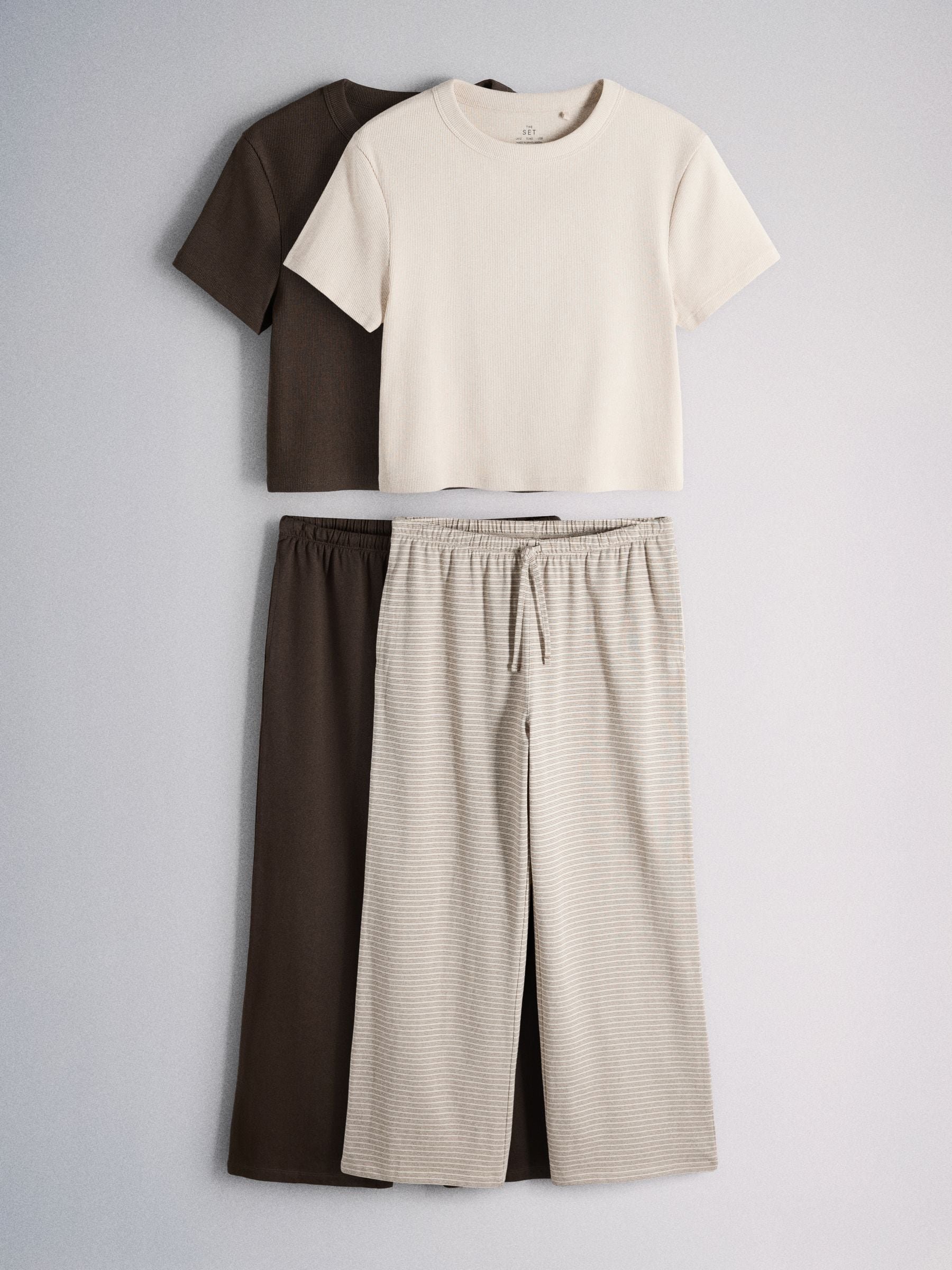 The Set 2 Pack Ribbed Short Sleeve T-Shirt and Straight Leg Joggers Set Chocolate Brown / Neutral Stripe