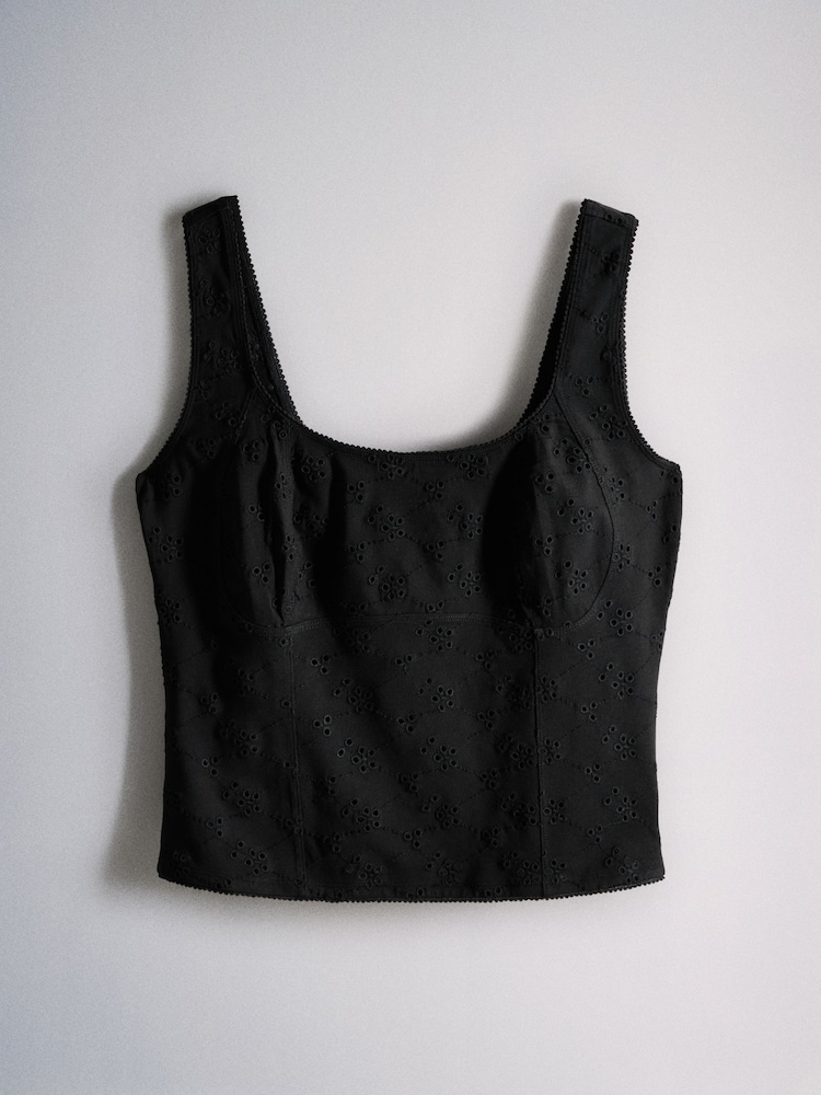 The Set 2 Pack Jersey Broderie Vest Tops Black/White - Image 2 of 5
