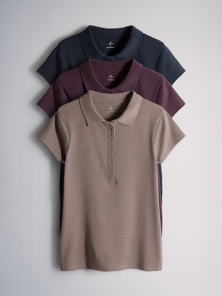 The Set 3 Pack Jersey Polo Tops Navy Blue / Burgundy / Taupe Brown - Image 2 of 10