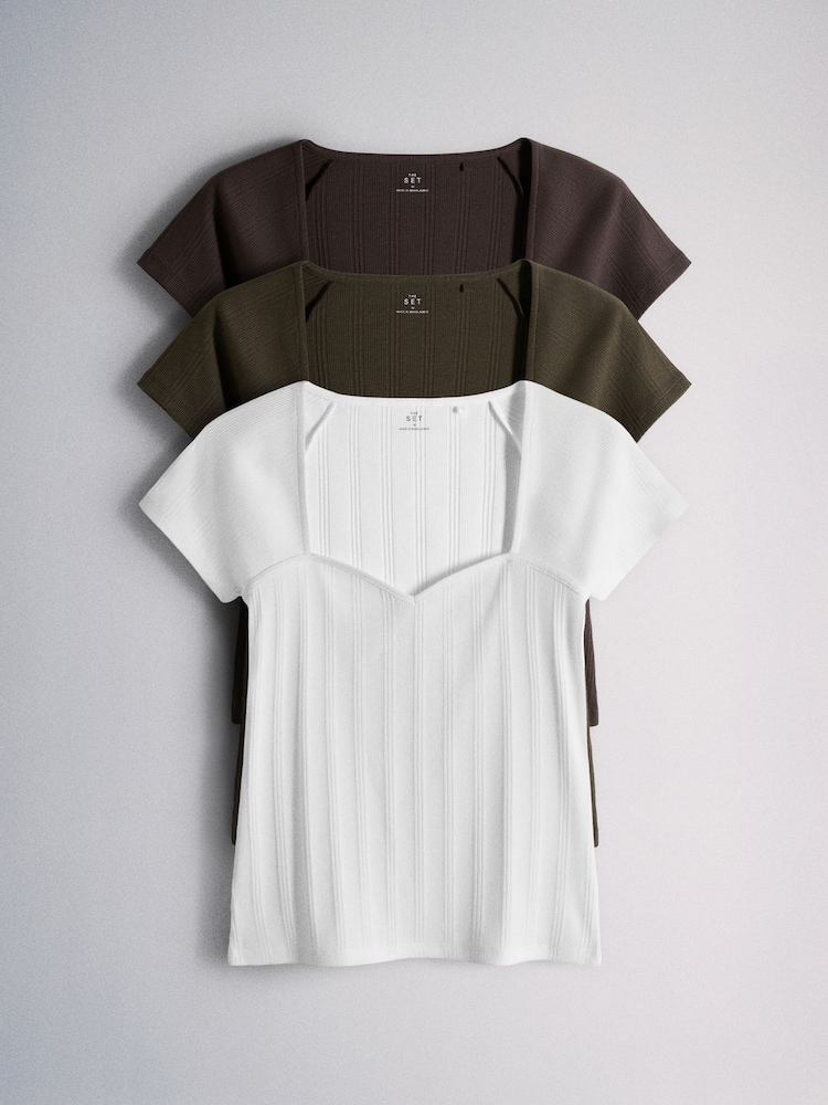 The Set 3 Pack Sweetheart Robbed Cap Sleeve Tops Brown/Green/White - Image 2 of 9
