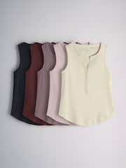 The Set 5 Pack Henley Tank Tops Navy Blue/Burgundy/Brown/Pink/Cream - Image 2 of 13