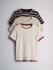 The Set 3 Pack Double Layer Short Sleeve T-Shirts Khaki Green/Dark Plum Stripe/Cream - Image 2 of 9