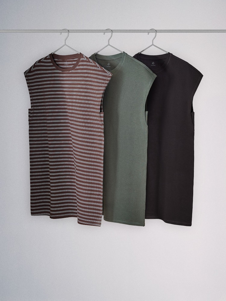 The Set 3 Pack T-Shirt Dress Brown Stripe/Khaki/Chocolate Brown - Image 2 of 8