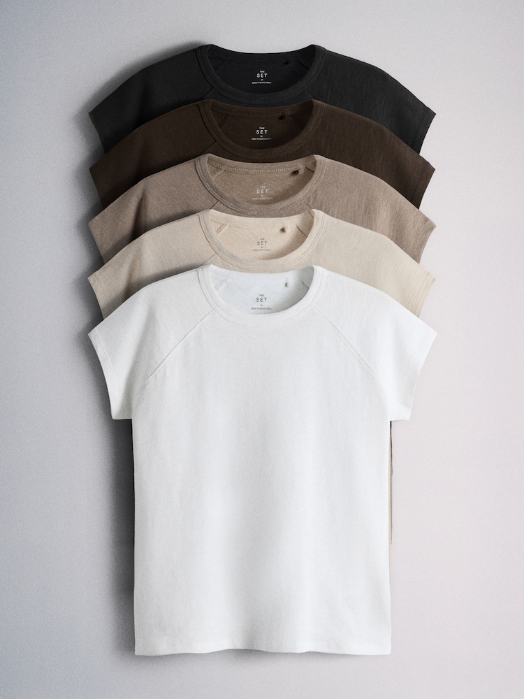 The Set 5 Pack Raglan Sleeve T-Shirts Black/Chocolate Brown/Taupe Brown/Cream/White - Image 2 of 13 The Set 5 Pack Raglan Sleeve T-Shirts Black/Chocolate Brown/Taupe Brown/Cream/White - Image 2 of 13