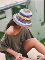 Yellow and Blue Stripe - Gorro estilo pescador de paja - Imagen 1 de 6