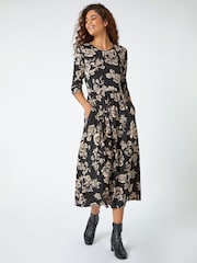 Roman Black Floral Pocket Stretch Midi Dress - Image 1 of 5