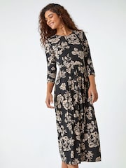 Roman Black Floral Pocket Stretch Midi Dress - Image 2 of 5